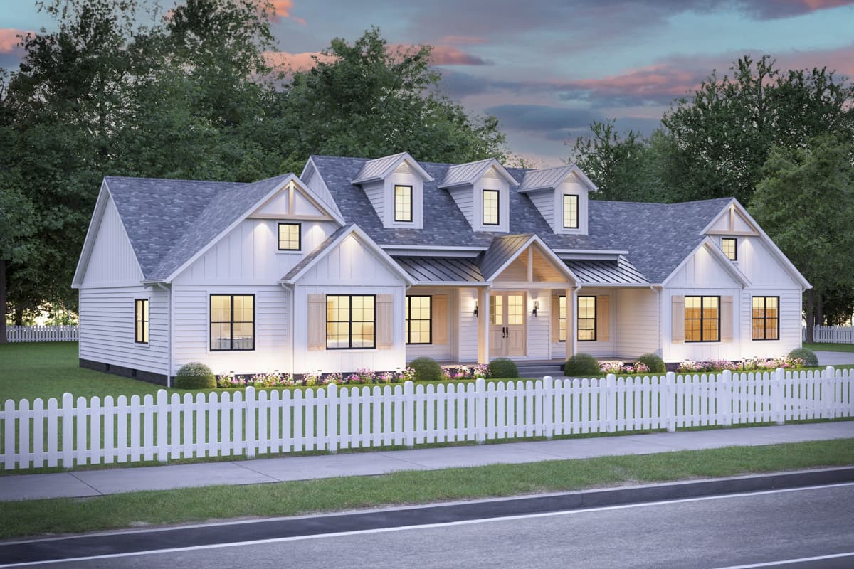 Modern Farmhouse house plan exterior with board and batten siding, dormers, gables, and a covered entry.