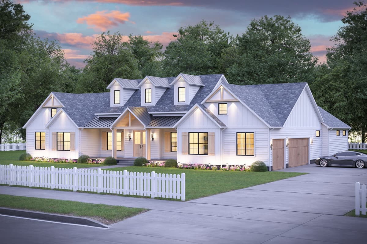 Modern Farmhouse house plan exterior with a covered entry, gables, dormers, and a side-entry garage.