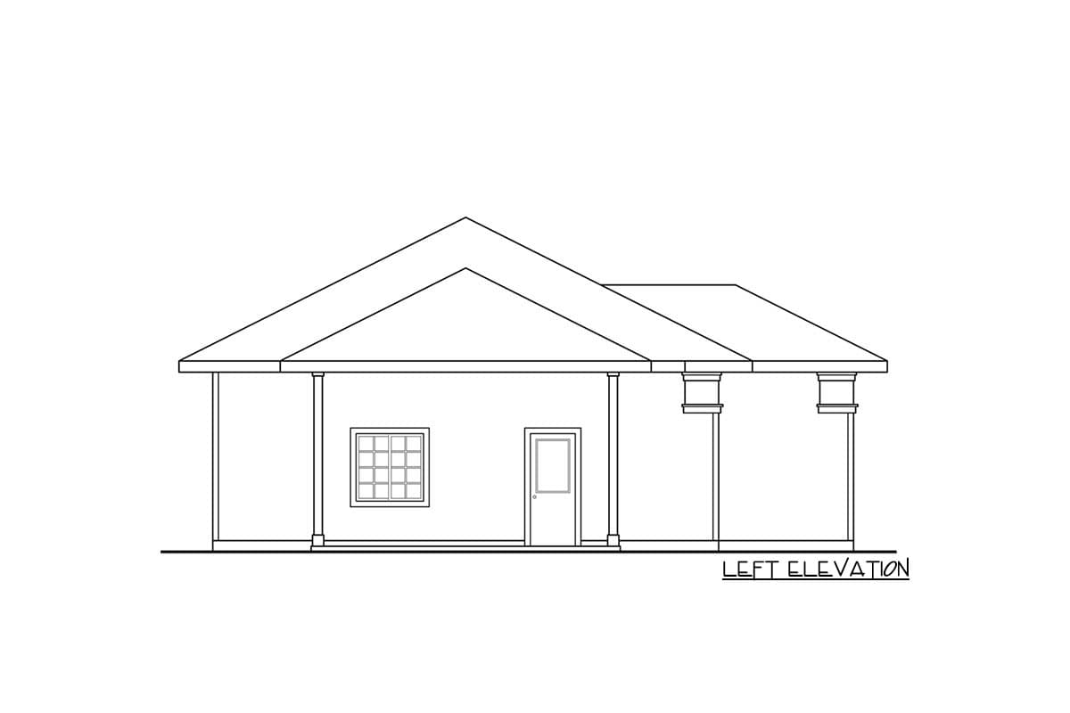 Left elevation drawing of a one-story house plan with a hip roof, porch supported by columns, one window, and one door.