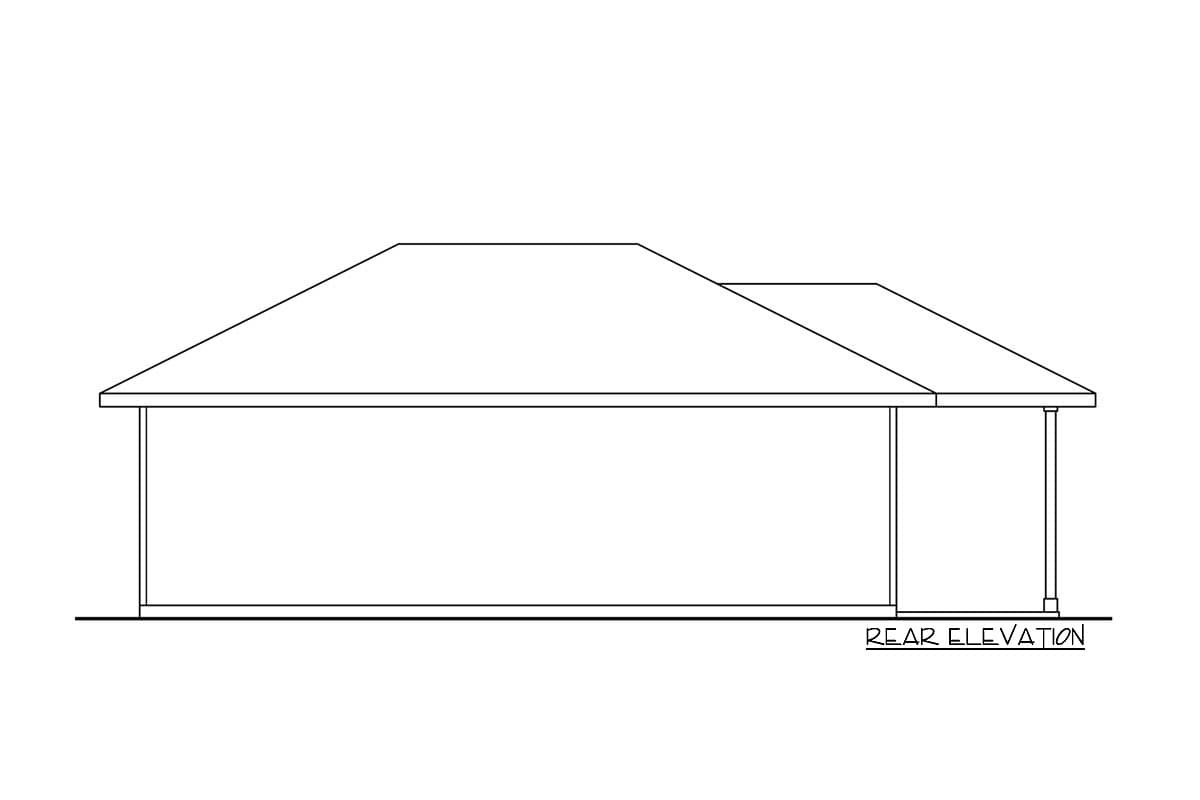 Rear elevation drawing of a house plan showing a shed roof and a covered patio.