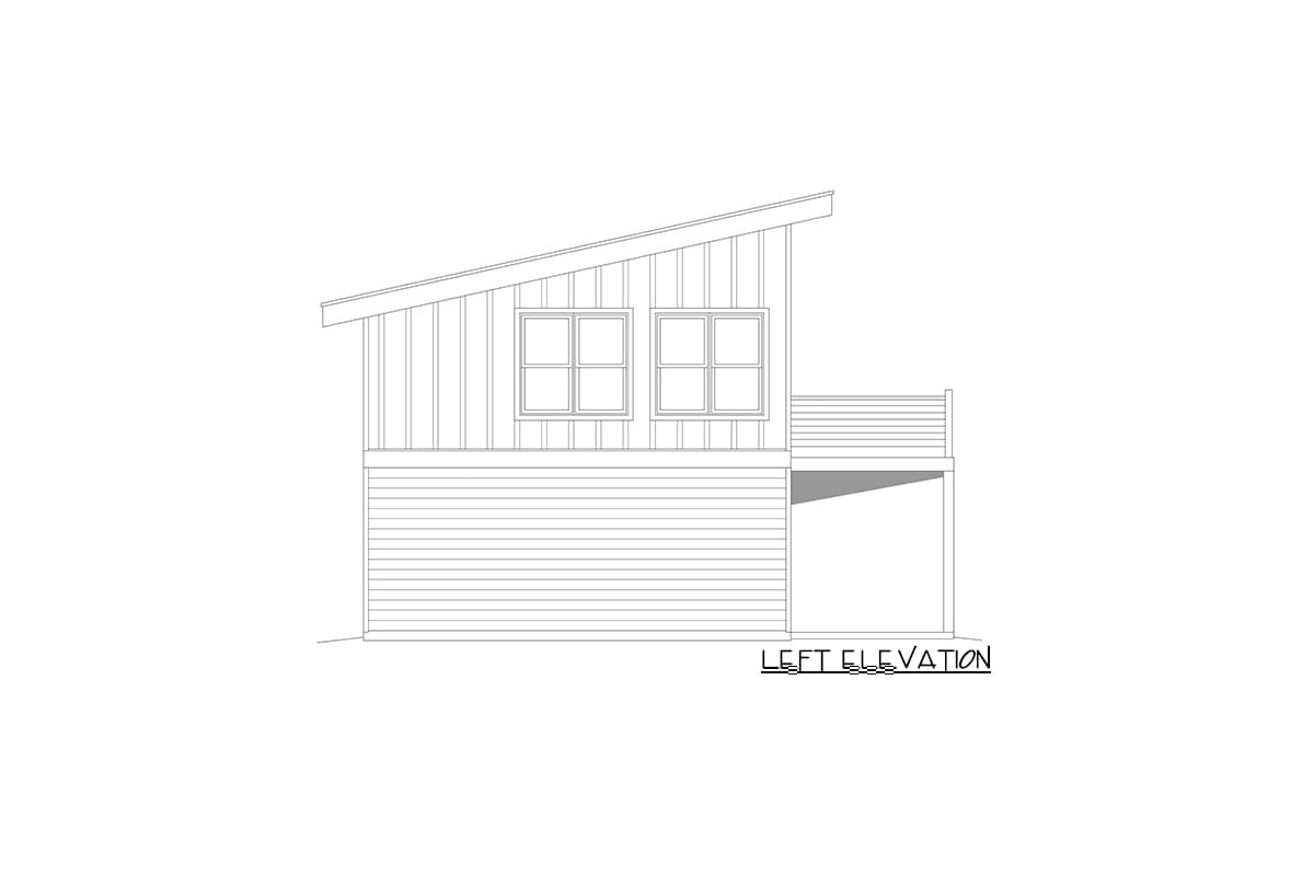 Left elevation drawing of a house with a sloped roof, two windows, horizontal siding, and a deck.