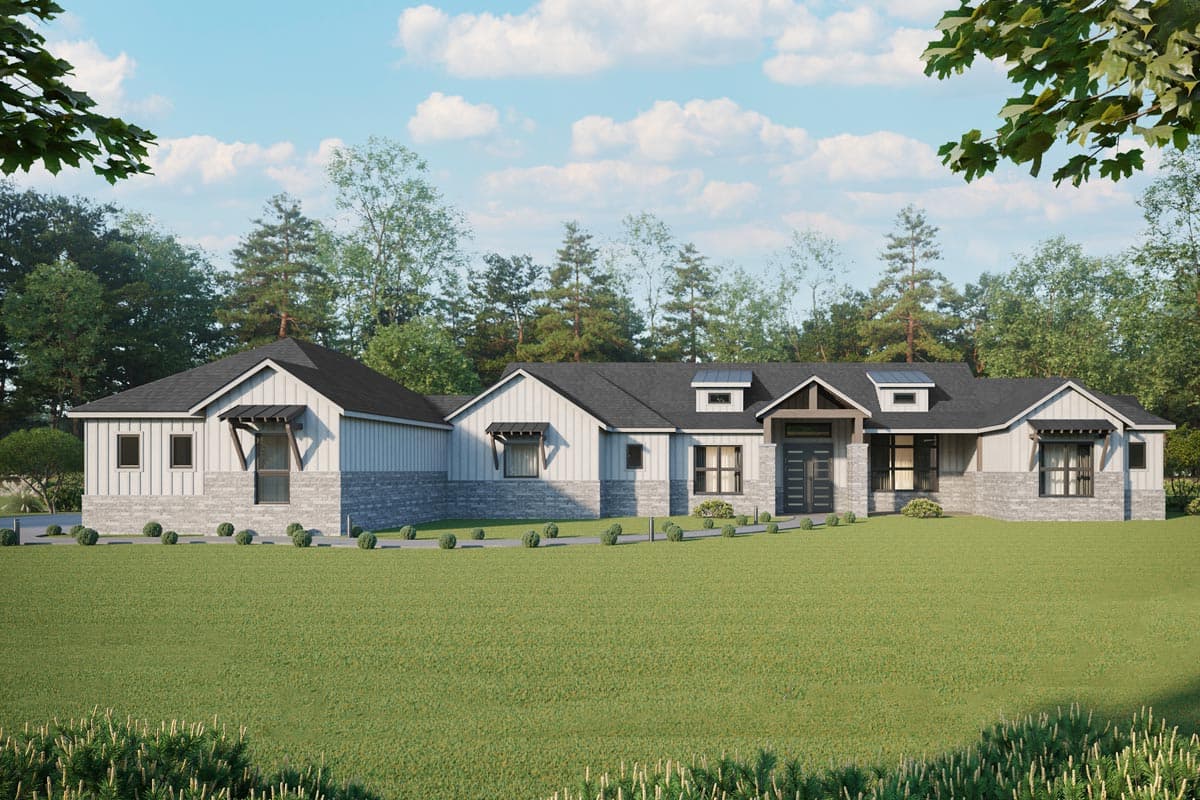 House plan exterior. Ranch style with a low-pitched roof, stone and siding facade, and multiple dormers and awnings.