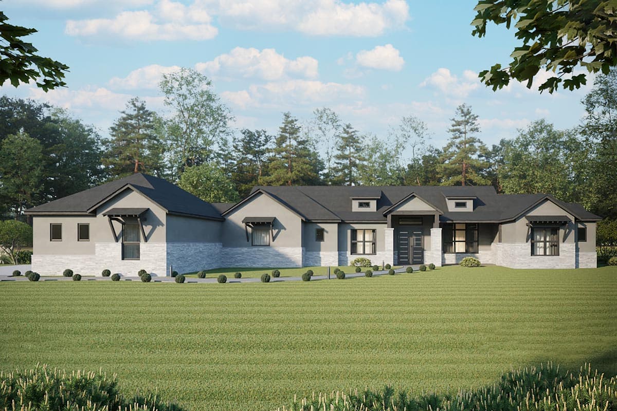 House plan exterior: Modern single-story with intersecting gables, stucco and stone facade, multiple dormers, and covered entry.