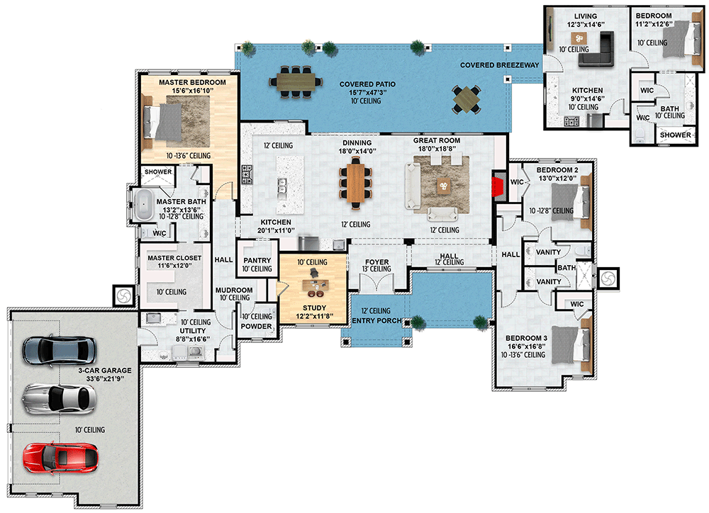 Plan 430078LY: 1-Story Contemporary Home Plan with In-Law Suite with Full Kitchen - Floor Plan - Main Level - Hill Country, New American, Ranch