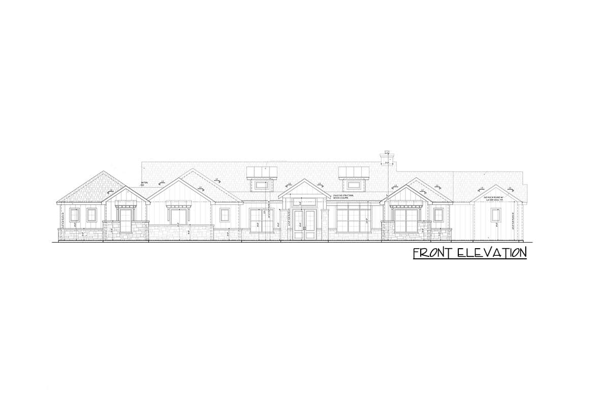 Front elevation drawing of a single-story house with multiple gables, a covered entry, and stone accents.