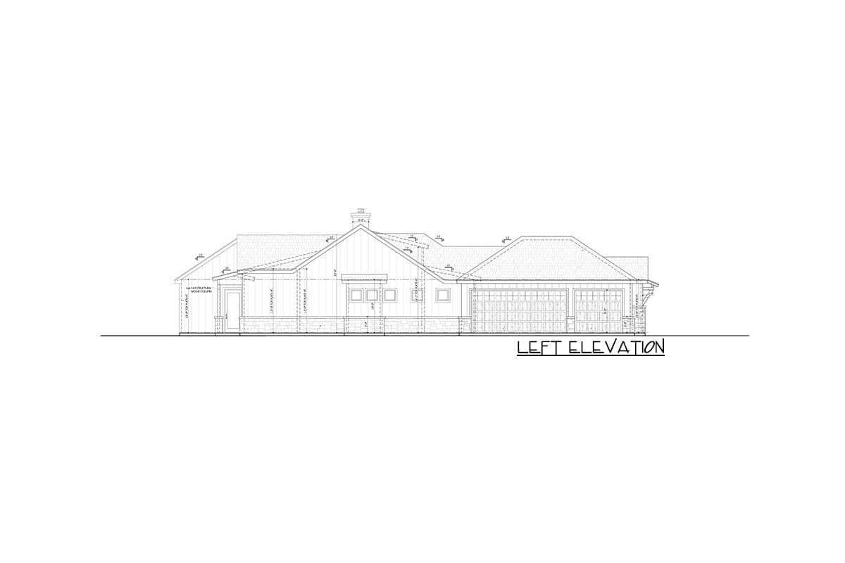 Left elevation house plan showing a one-story home with a three-car garage, gable rooflines, and covered entry.