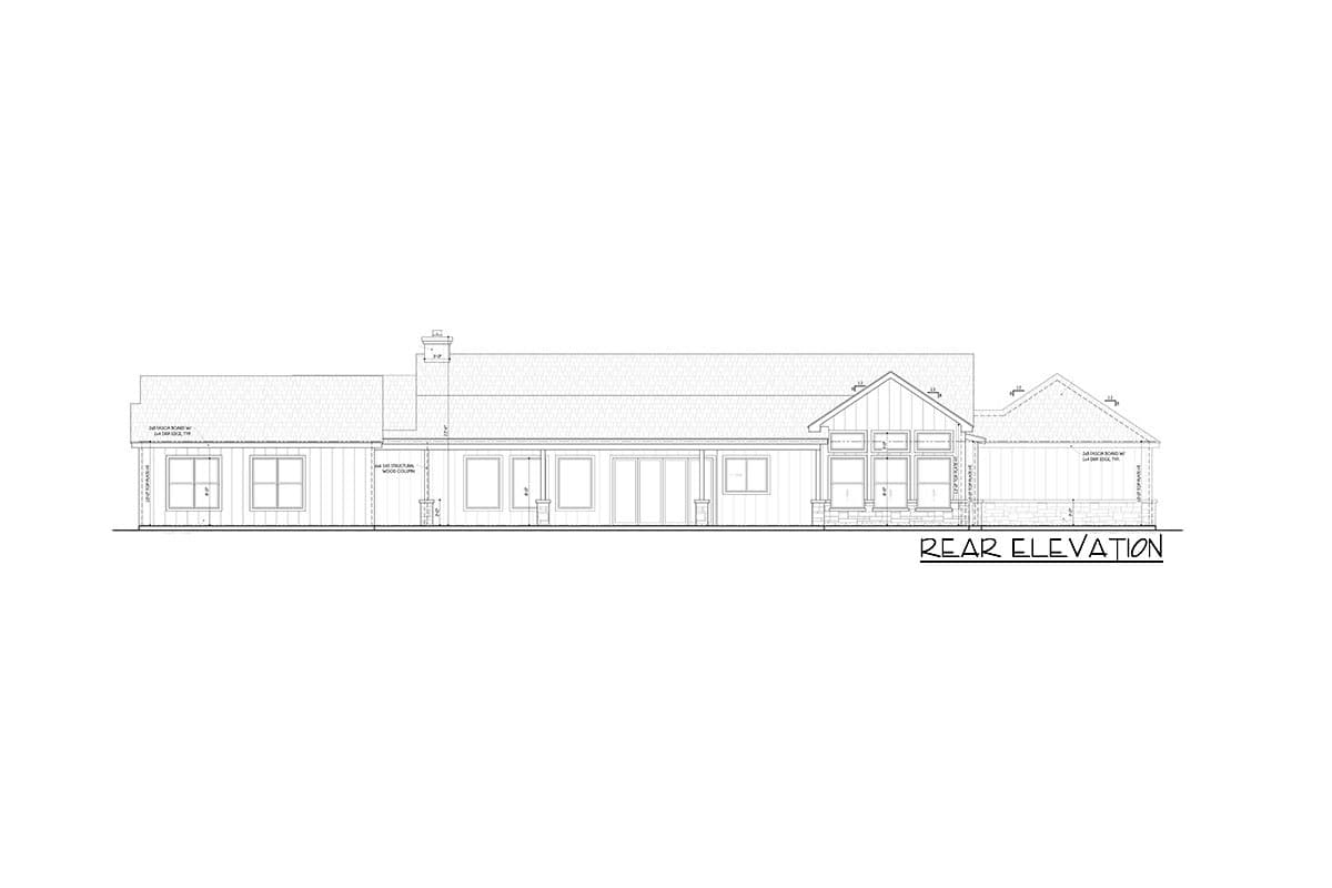 Rear elevation drawing of a single-story house plan with multiple windows, a chimney, and a covered porch.