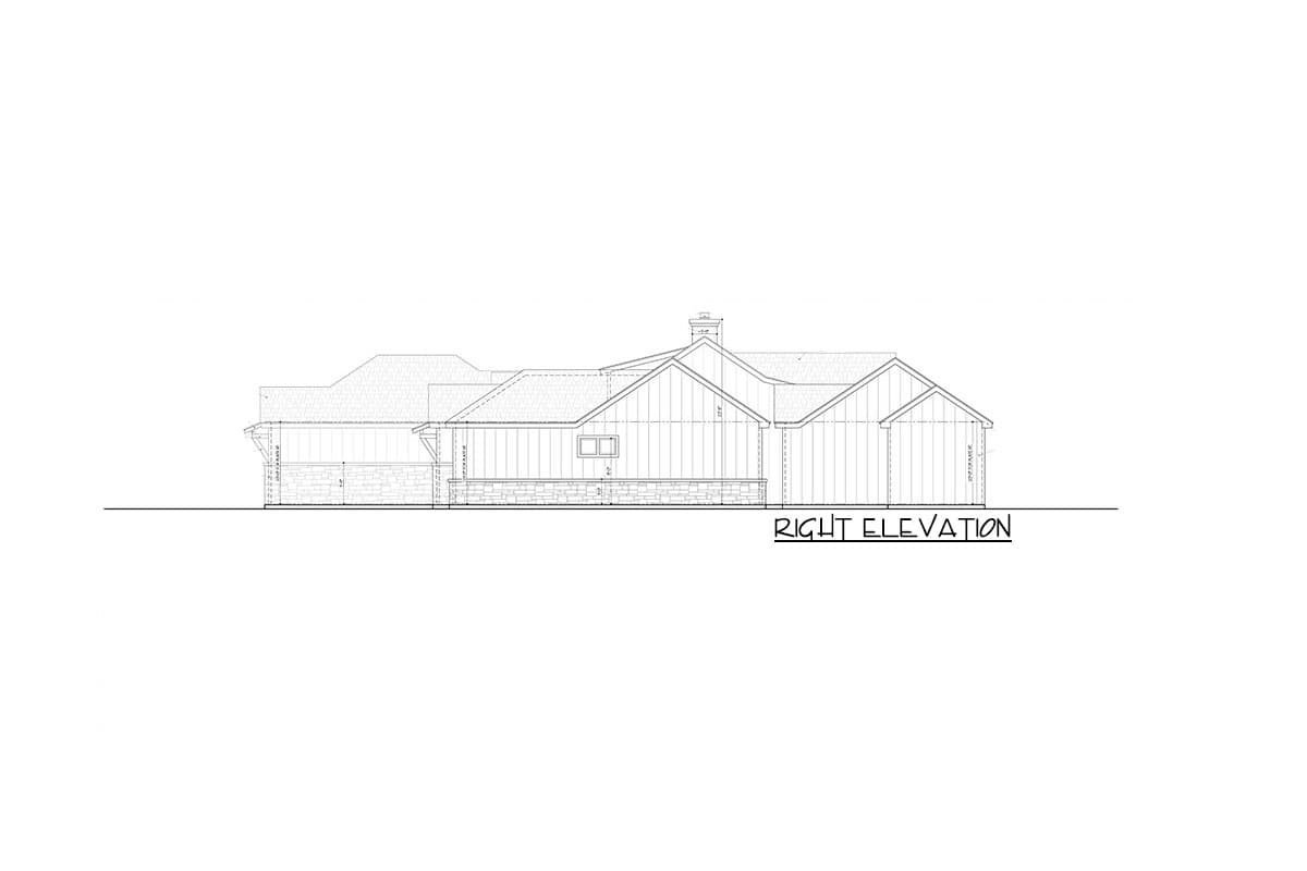 Right elevation drawing of a house plan, featuring gables, a prominent chimney, and stone base.
