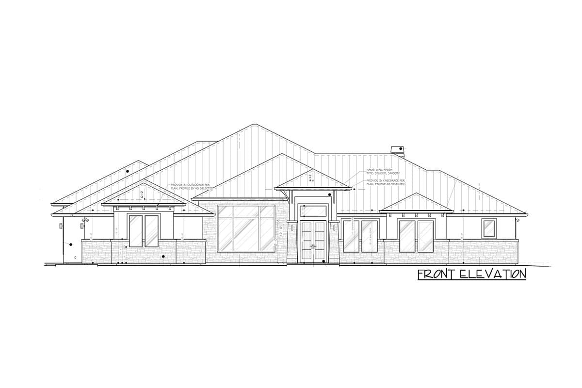 Front elevation drawing of a single-story house with stone and stucco, featuring multiple gables and a prominent entry.