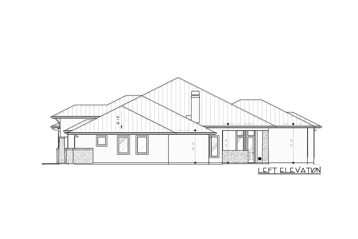Left elevation house plan with varied rooflines, stone accents, multiple windows, and chimney.