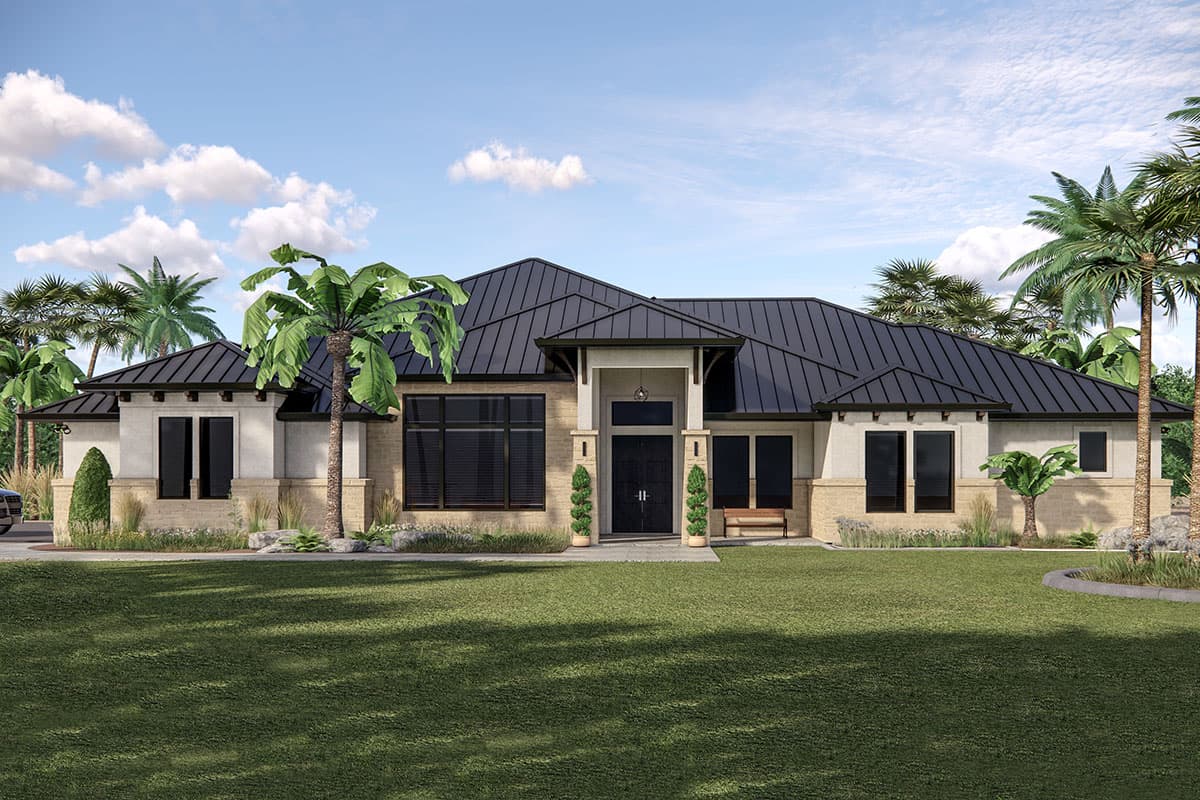 House plan exterior. One-story house with a standing seam metal roof, a recessed entry, and large picture windows.
