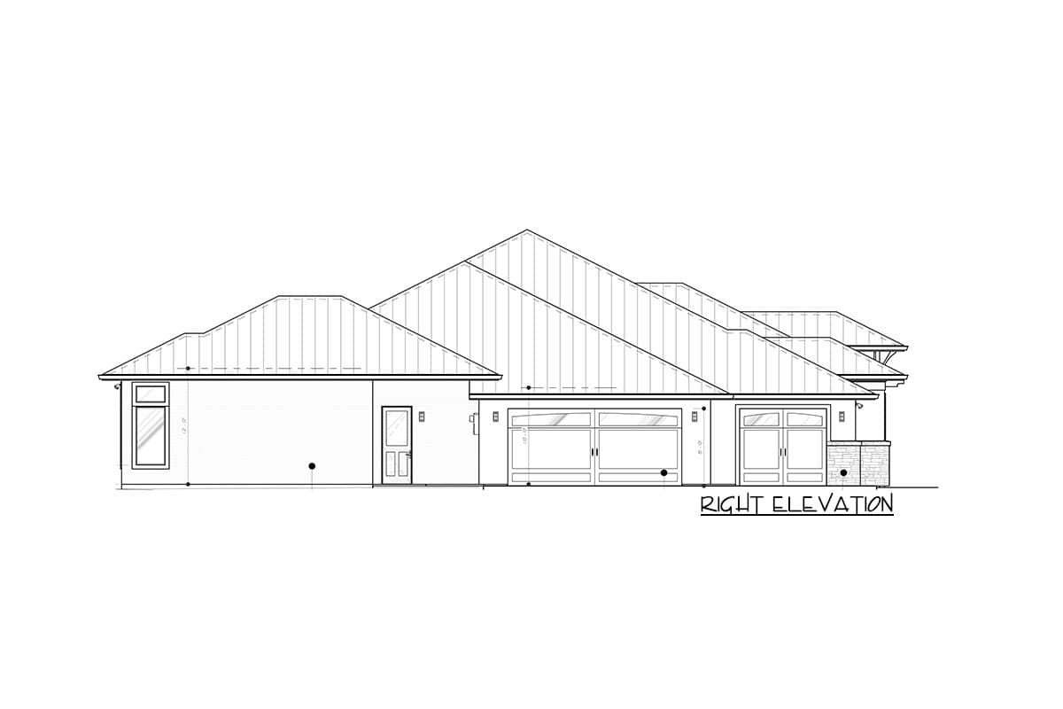 Right elevation drawing of a single-story house plan with multiple gabled rooflines, a side door, and two garage bays.