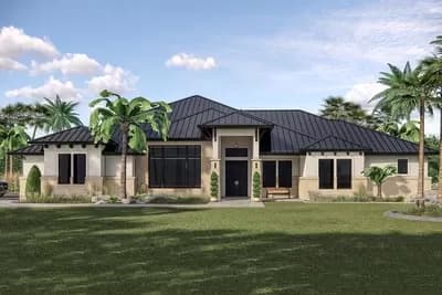  One-Story Transitional Home Plan with Split-Bed Layout