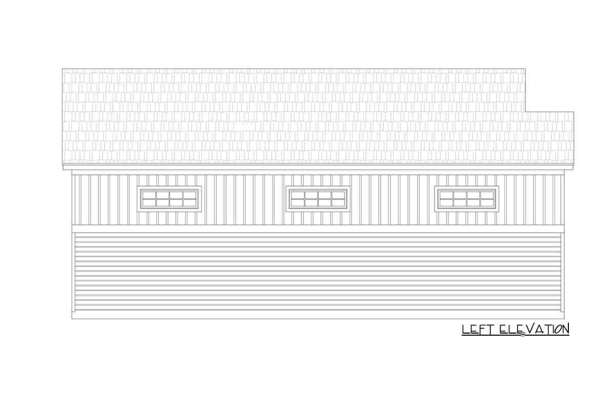 Left elevation drawing of a house plan showing shingled roof, vertical siding, three small windows, and horizontal siding.