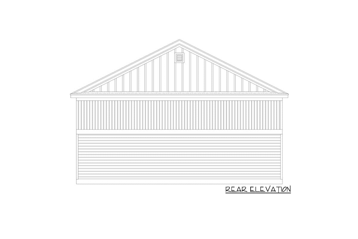 Rear elevation drawing of a house plan showing gabled roof, vertical siding above horizontal siding, and a gable vent.