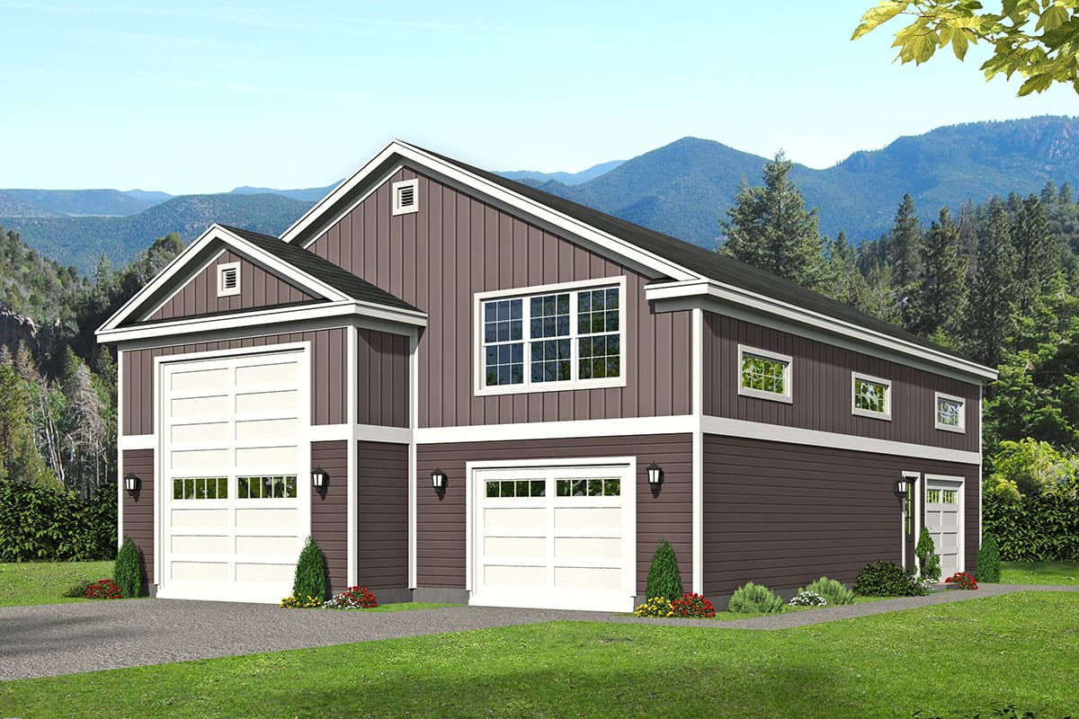 House plan exterior with two-car garage. Two-story home with gable roof and vertical siding. Features include two garage doors and multiple windows.