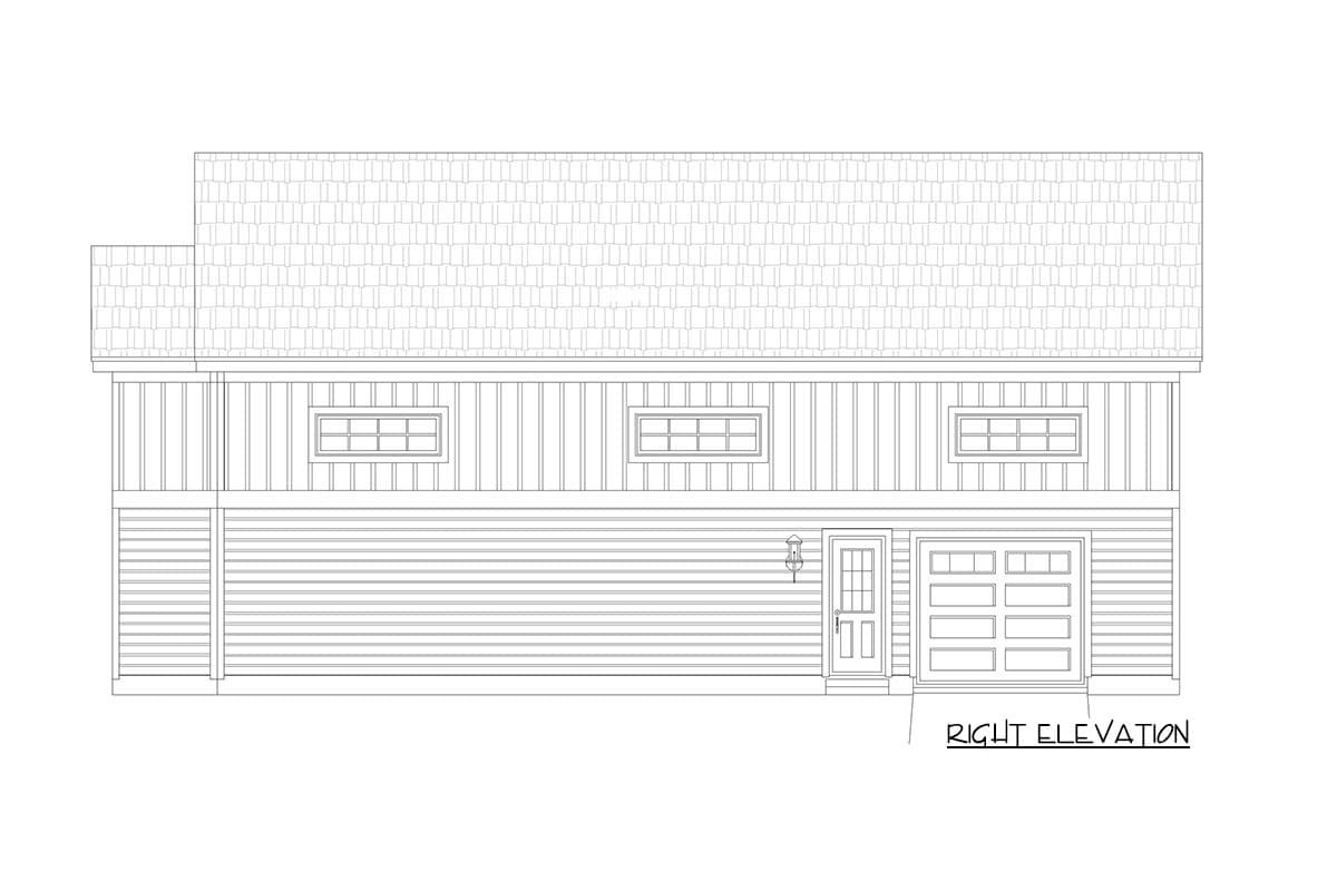 Right elevation drawing of a house plan featuring horizontal siding, vertical siding, a door, a garage door, and three horizontal windows.