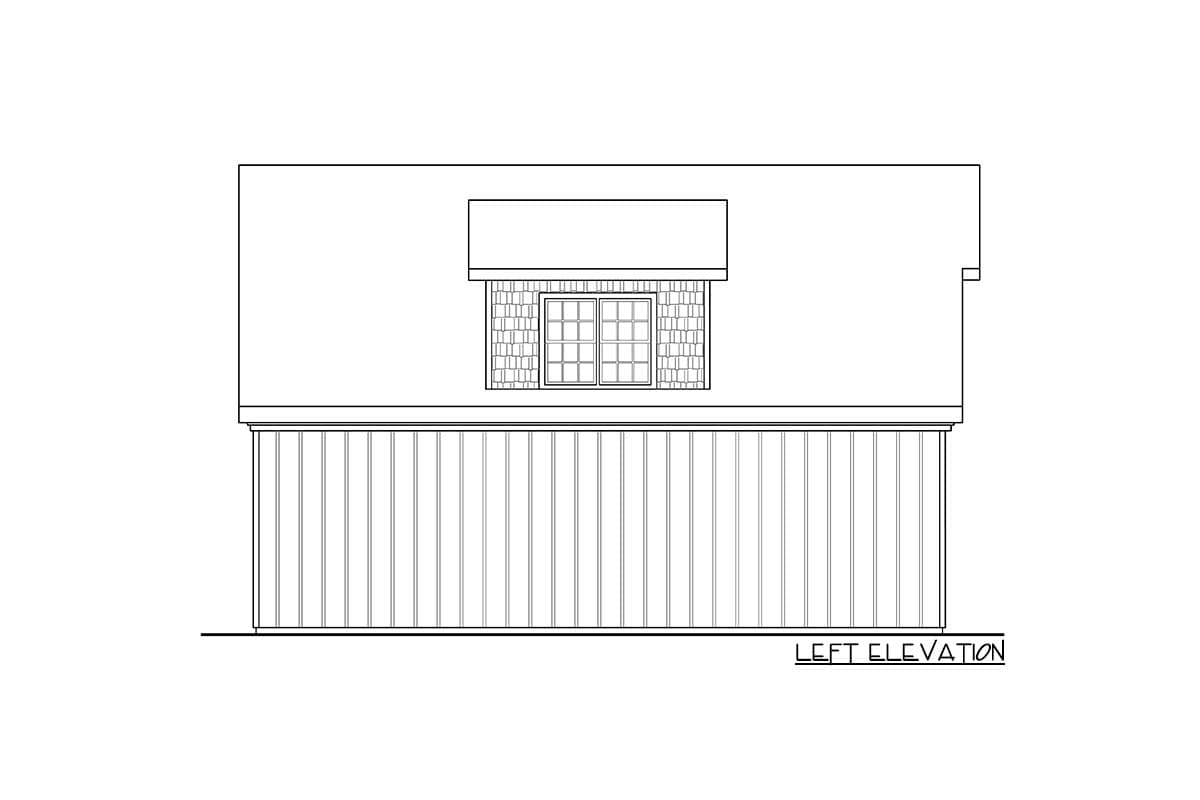 Left elevation drawing of house plan showing vertical siding on lower level and a window above