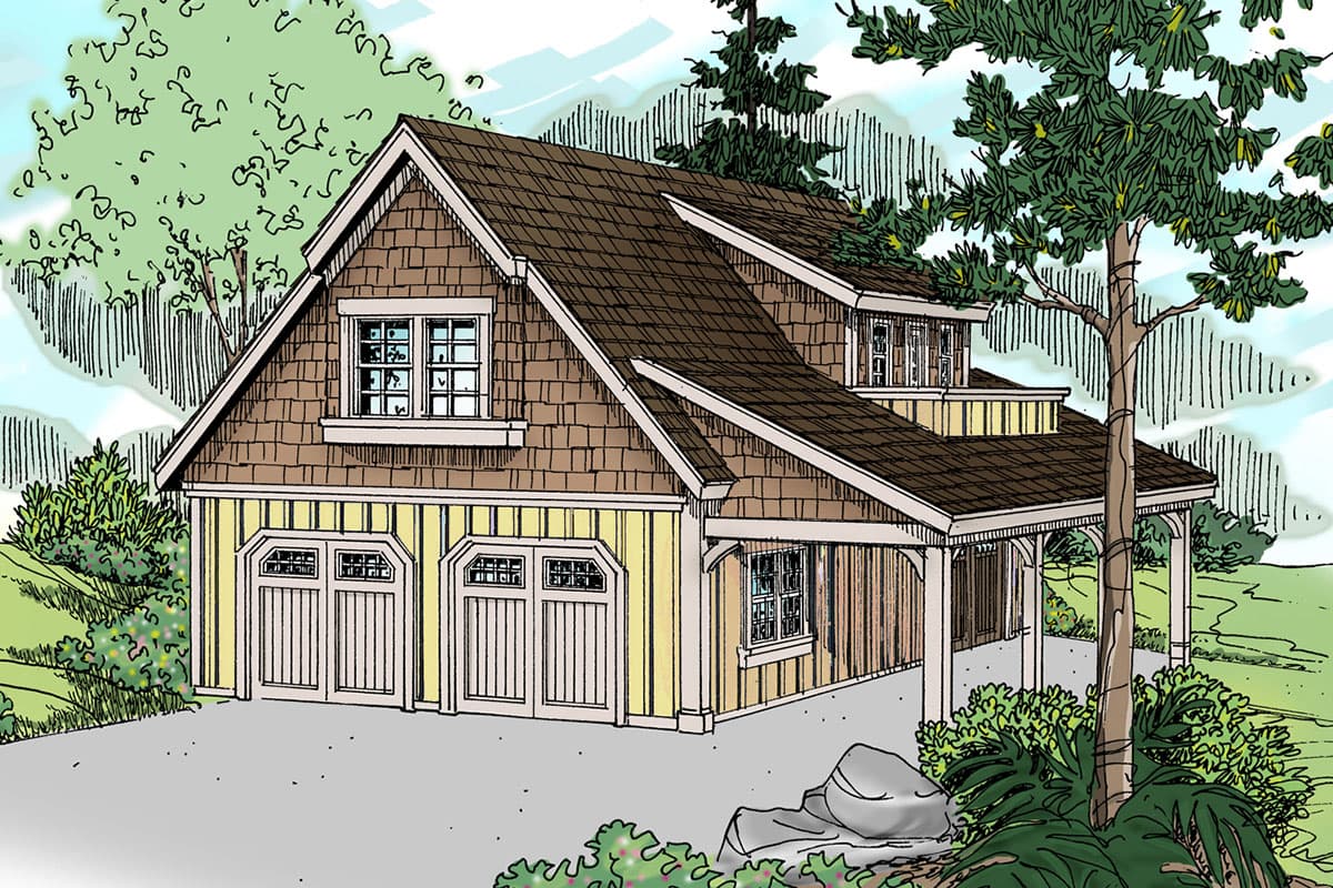 House plan exterior: Craftsman style with two stories, gabled roof, dormers, and a covered porch. Attached garage has two bays.
