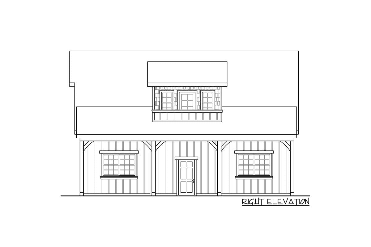 Right elevation house plan with covered porch, two windows, central door, and a dormer with three windows.