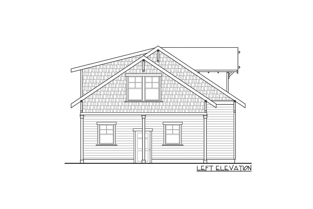 Left elevation house plan. Two stories, pitched roof with dormer, horizontal siding, and prominent gables.