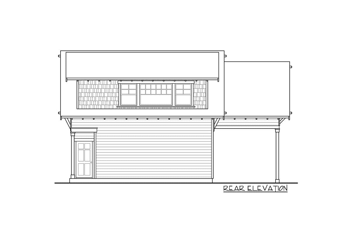 Rear elevation drawing of a two-story house plan featuring a shingled upper story, horizontal siding, and a covered porch.