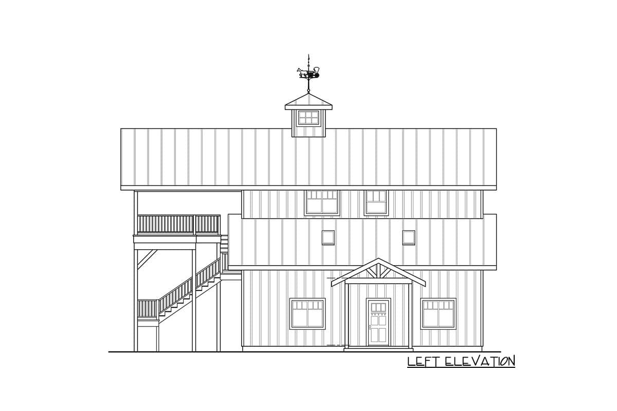 Left elevation house plan drawing shows a multi-story structure with a gabled roof, covered porch, and exterior staircase.