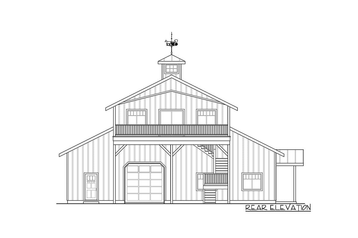 Rear elevation drawing of a two-story barn with a central garage, upper-level balcony, cupola, and side lean-to.