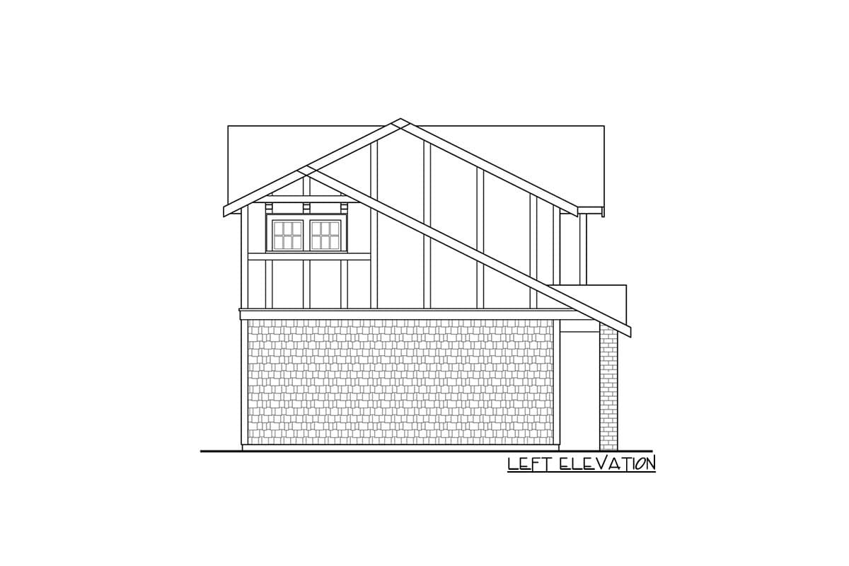 Left elevation of a two-story house plan featuring shake siding, timber framing, and double-hung windows.