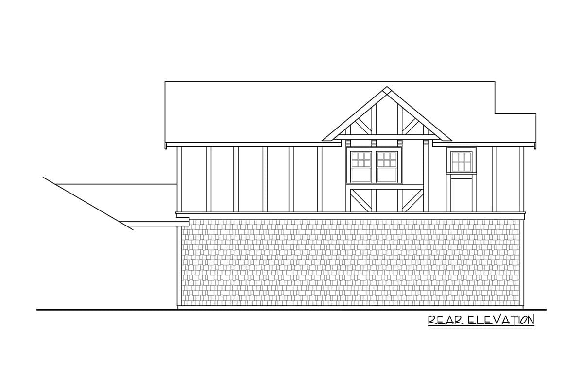 Rear elevation drawing showing shingle siding, a covered porch, and a prominent gable with exposed rafter tails.