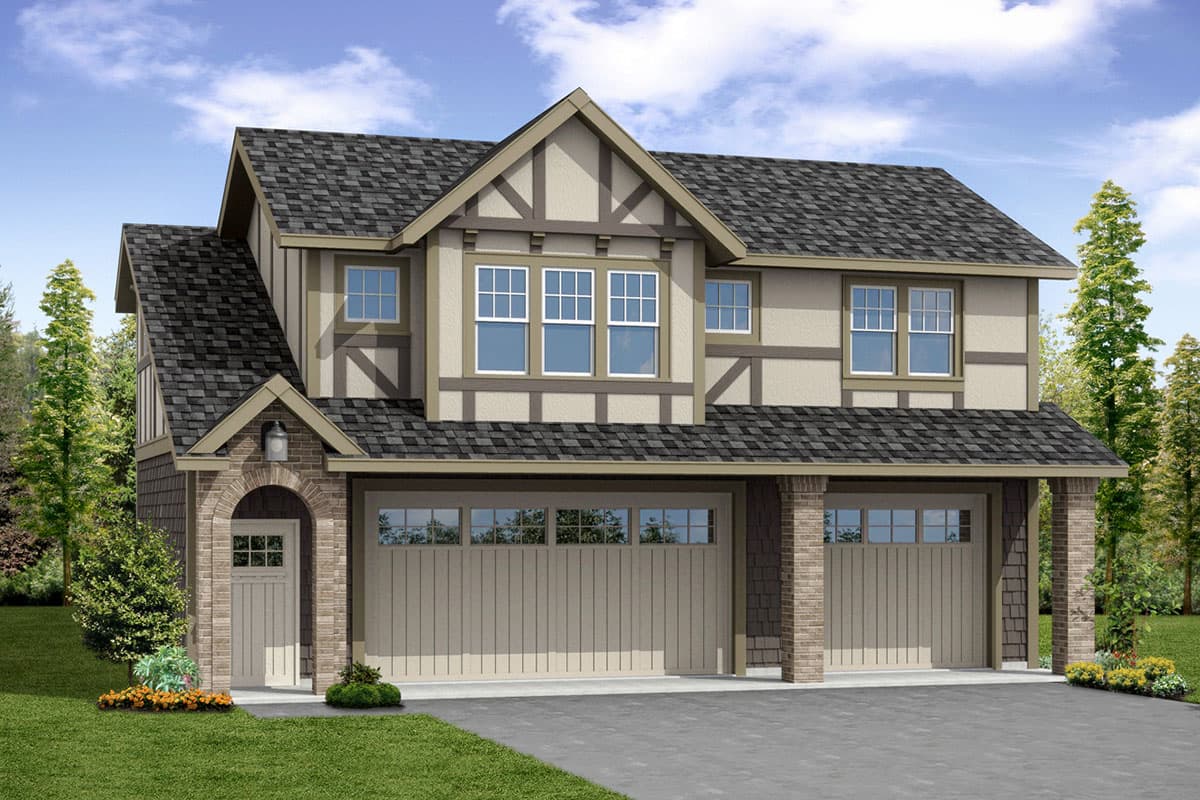 House plan exterior. Two-story Tudor style home with gables, a front-facing garage, and dormers. Features include a brick entry and dark roof.