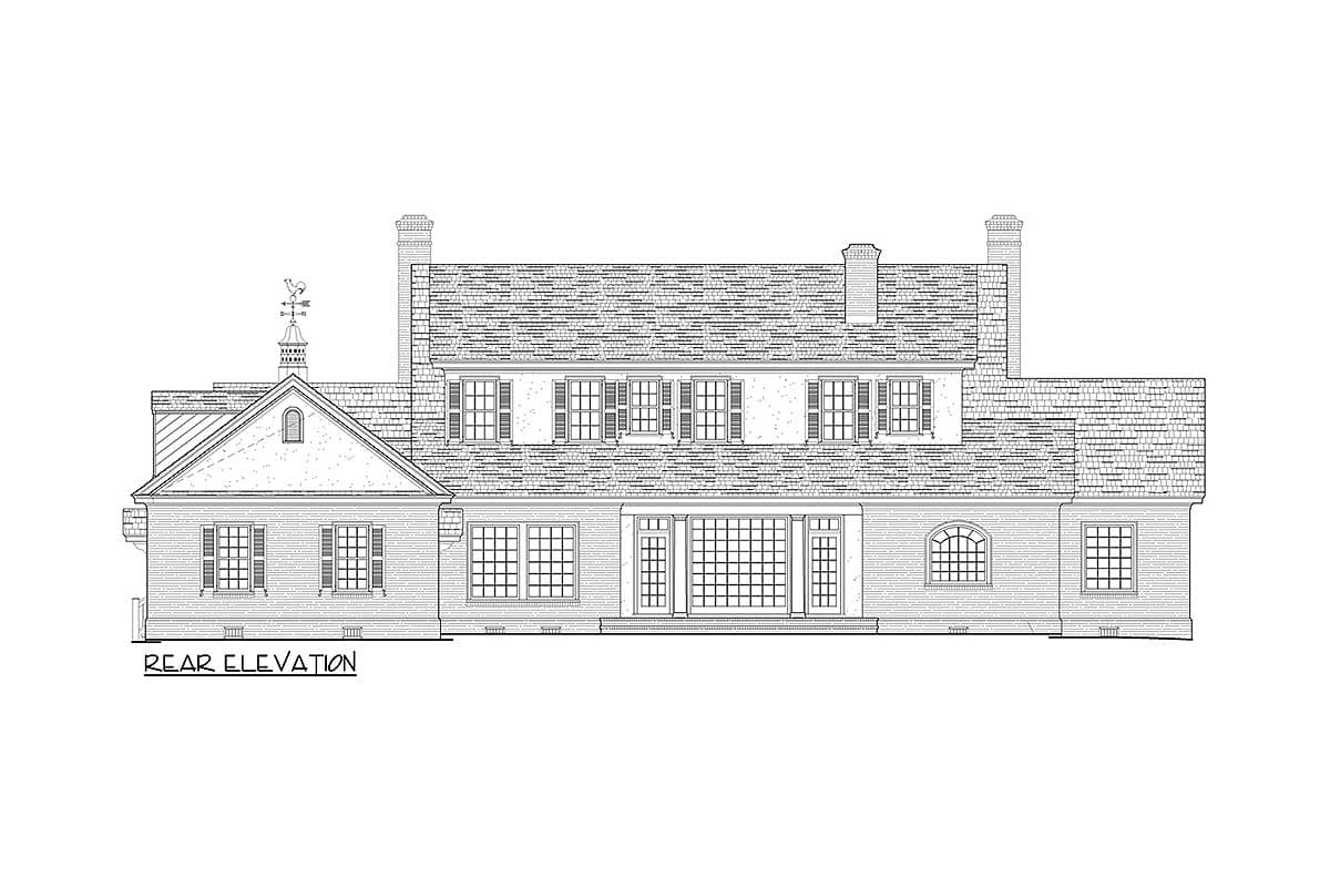 Rear elevation drawing of a two-story house with gabled roof, dormers, chimneys, and multi-pane windows.