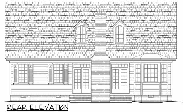 Rear elevation drawing of a house plan showing double doors, windows, dormers, and a large shingled roof.