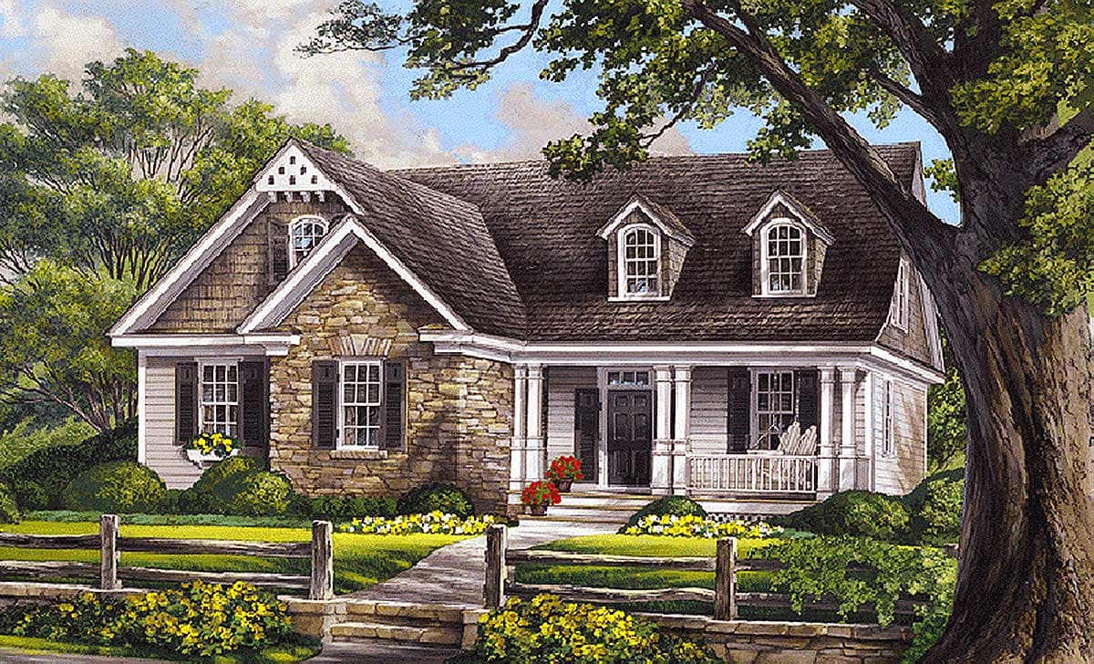 House plan exterior: Gable roof, stone and shingle facade, dormers, and covered front porch with columns.