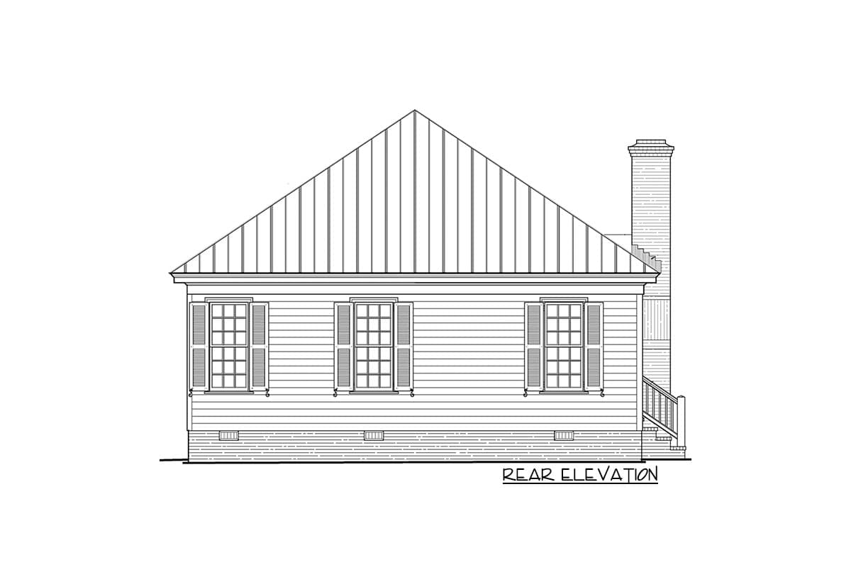 Rear elevation drawing of a house plan with a gabled metal roof, three multi-pane windows with shutters, and a prominent brick chimney.
