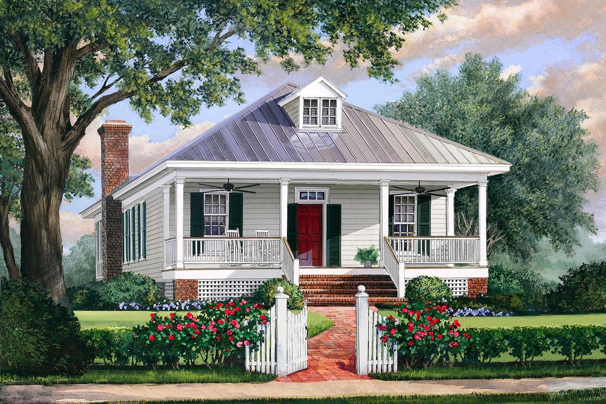 House plan exterior: Ranch style with wraparound porch, dormer, and brick chimney.