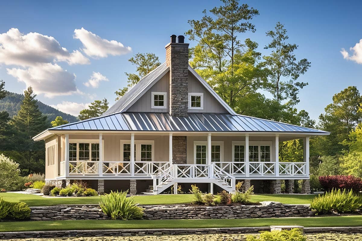 House plan exterior: Modern Farmhouse style, one story, with a wrap-around porch, gabled dormers, and a stone chimney.