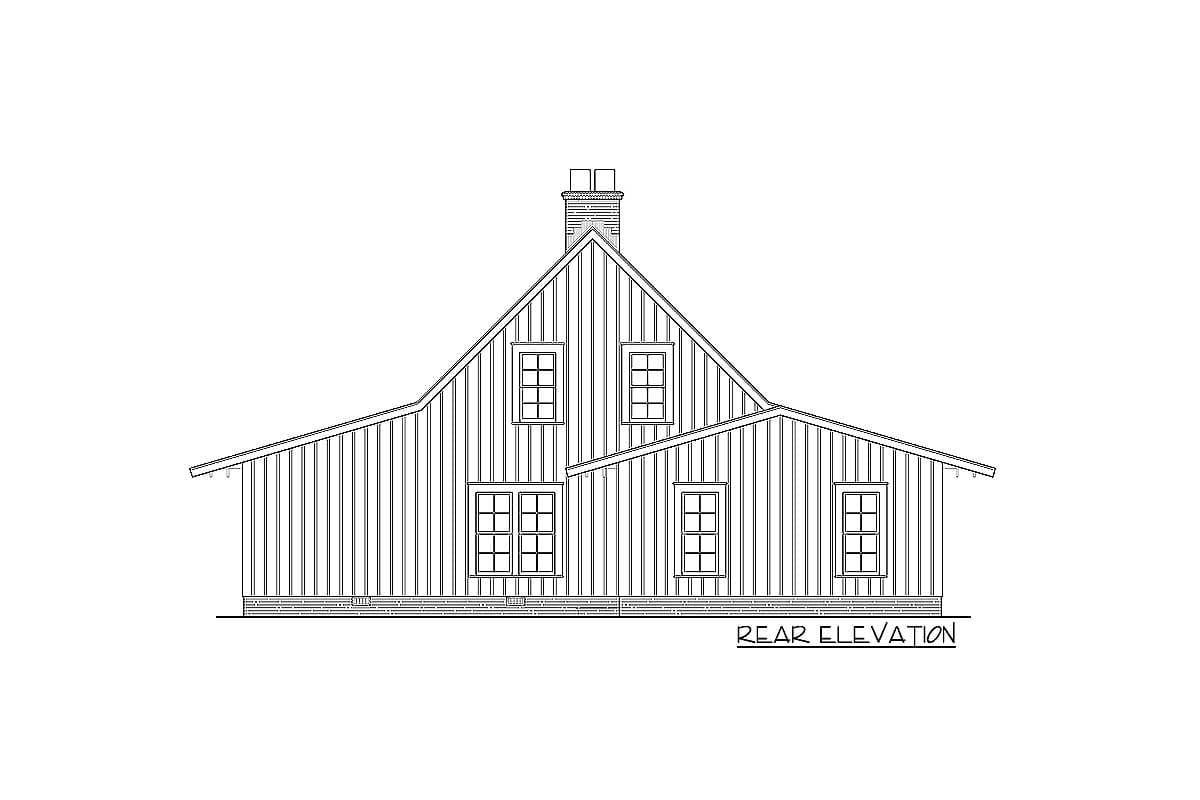 Rear elevation drawing of a house plan featuring vertical siding, a prominent gable, multiple windows, and a chimney.