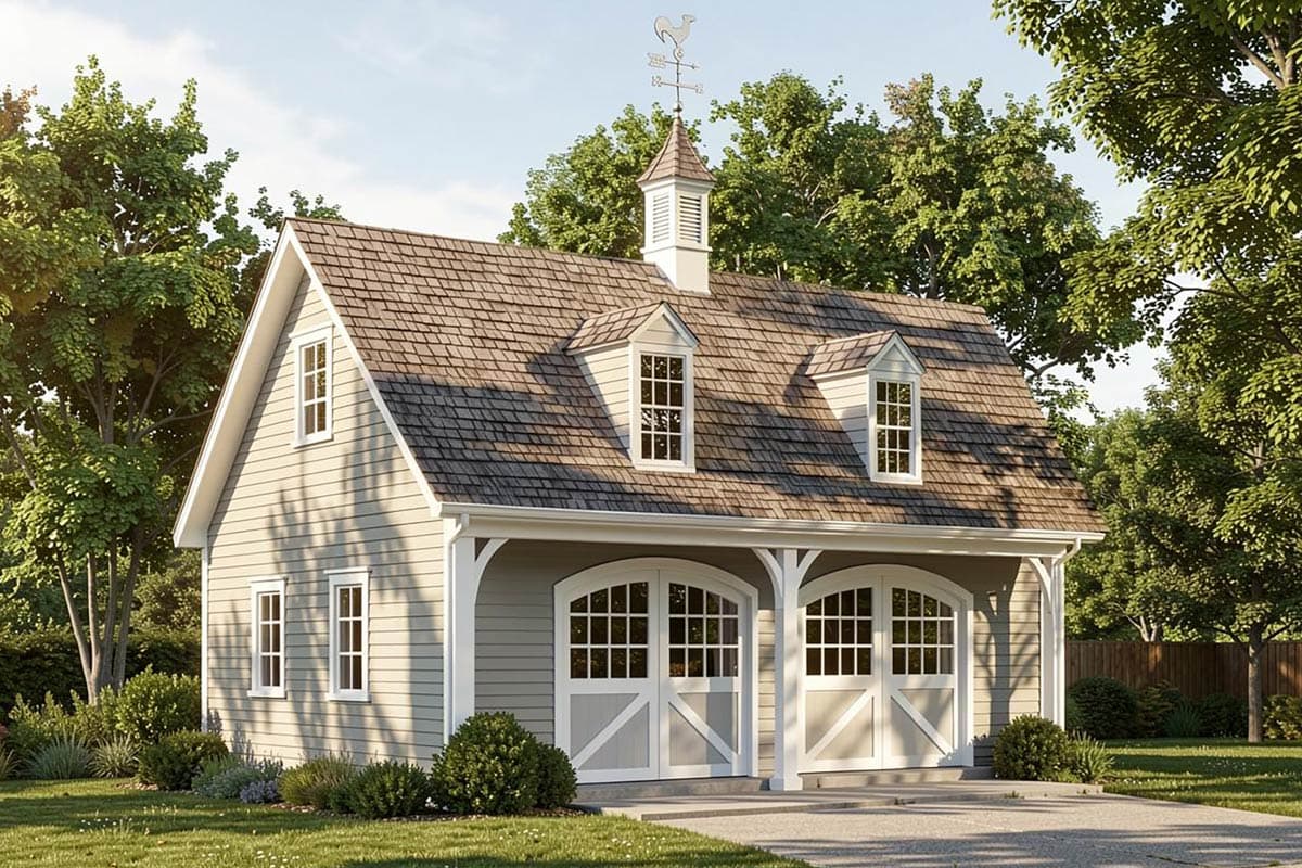 House plan exterior: Gable roof, two garage doors with arched windows, dormers, and cupola with weathervane.