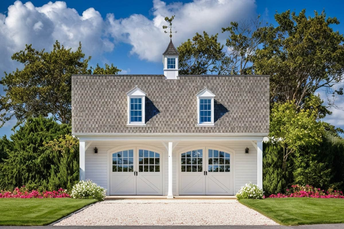 House plan exterior featuring a gambrel roof, cupola with weather vane, two dormer windows, and a two-car garage with arched doors.
