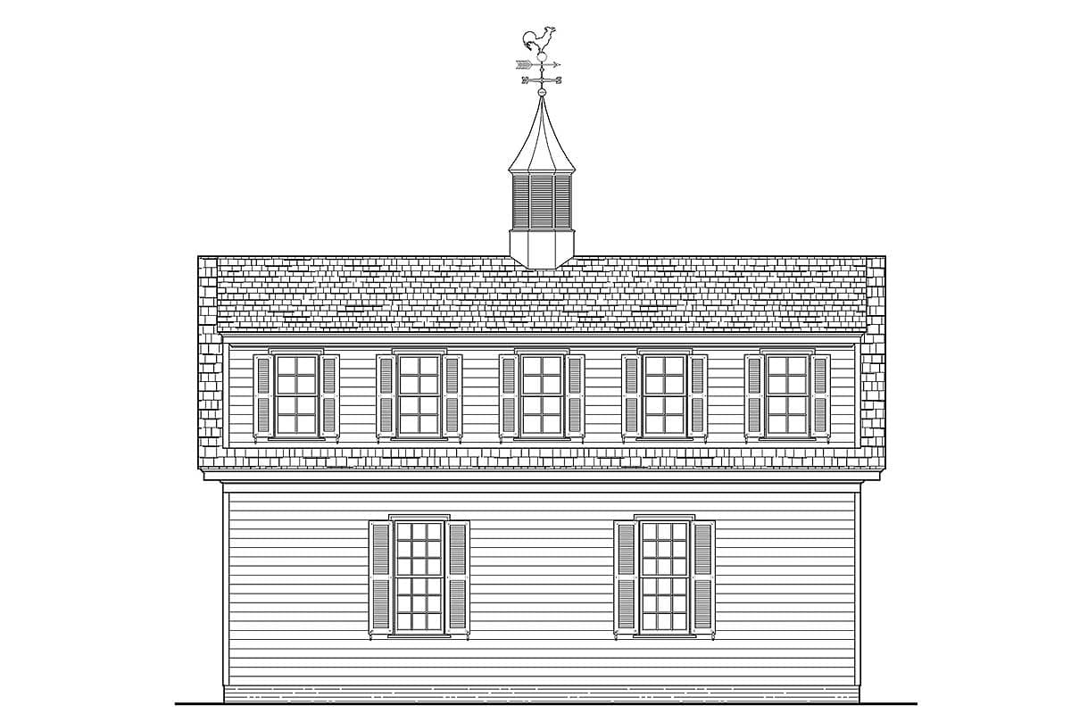 House plan exterior drawing of a two-story building with a gambrel roof, cupola, and numerous multi-pane windows with shutters.