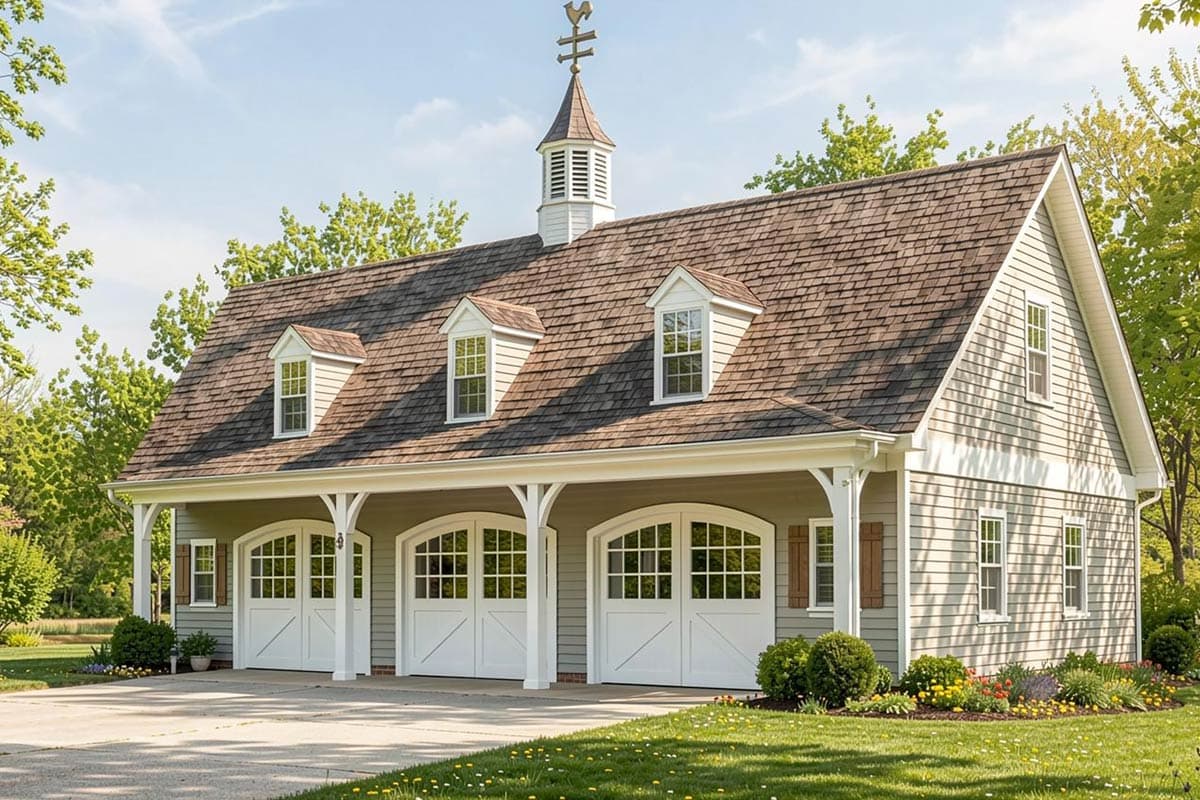 House plan exterior of a three-car garage with arched doors, dormers, and a cupola topped with a weather vane.