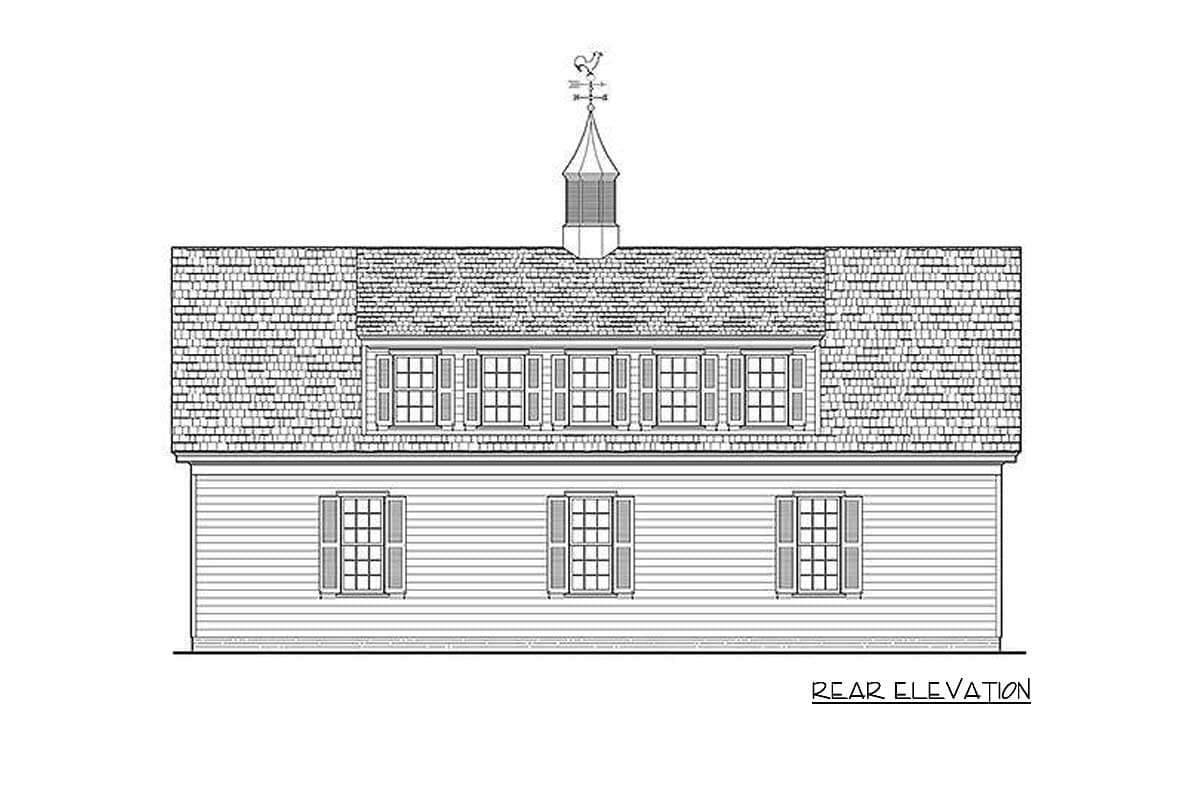 Rear elevation drawing of a house plan with a gambrel roof, dormer windows, and a cupola with a weather vane.