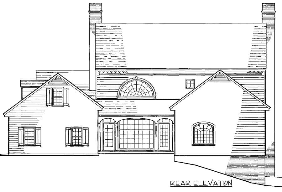 Rear elevation house plan with multiple gables, a prominent arched window, and a sunroom.