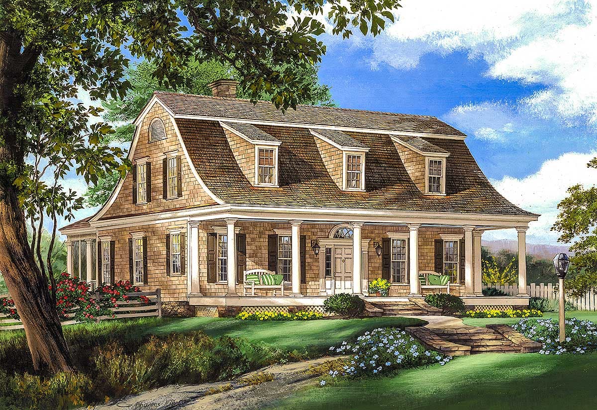House plan exterior showing a two-story Colonial Revival home with a gambrel roof, dormers, and a wrap-around porch with columns.