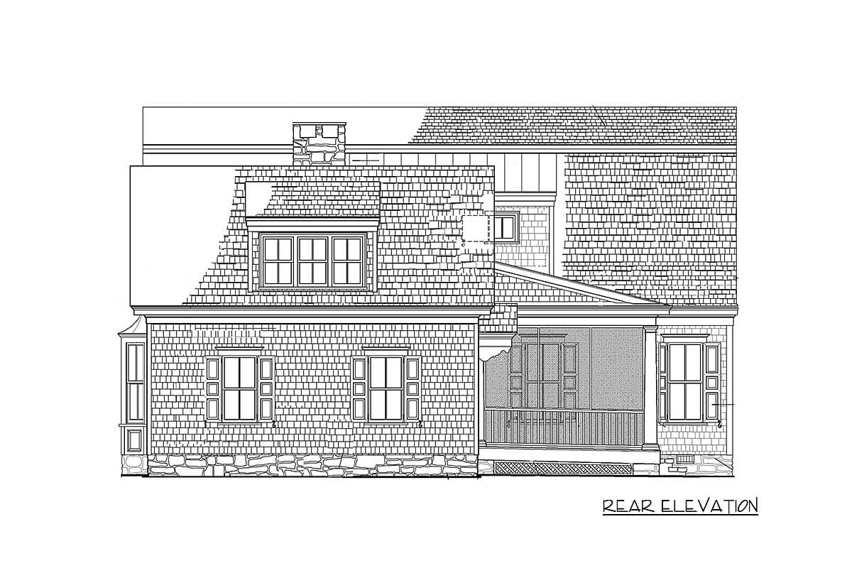 Rear elevation house plan shows a multi-story structure with shingle siding, a stone foundation, multiple dormers, and a covered porch.
