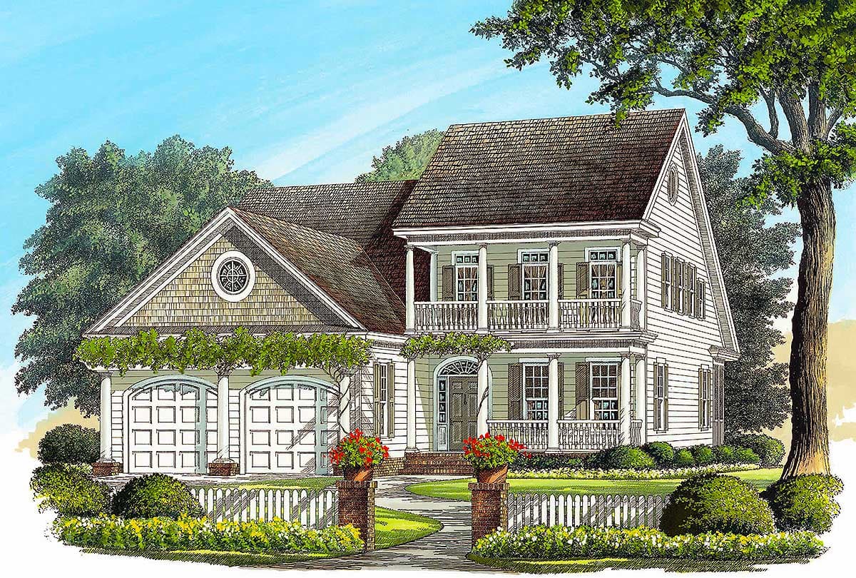 House plan exterior: Two-story home with double front porch, gambrel roof, circular gable vent, and attached three-car garage.