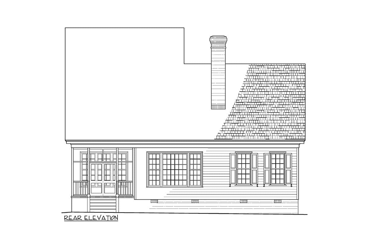 Rear elevation drawing of a house plan showing a covered entry porch, multiple windows, and a prominent chimney.