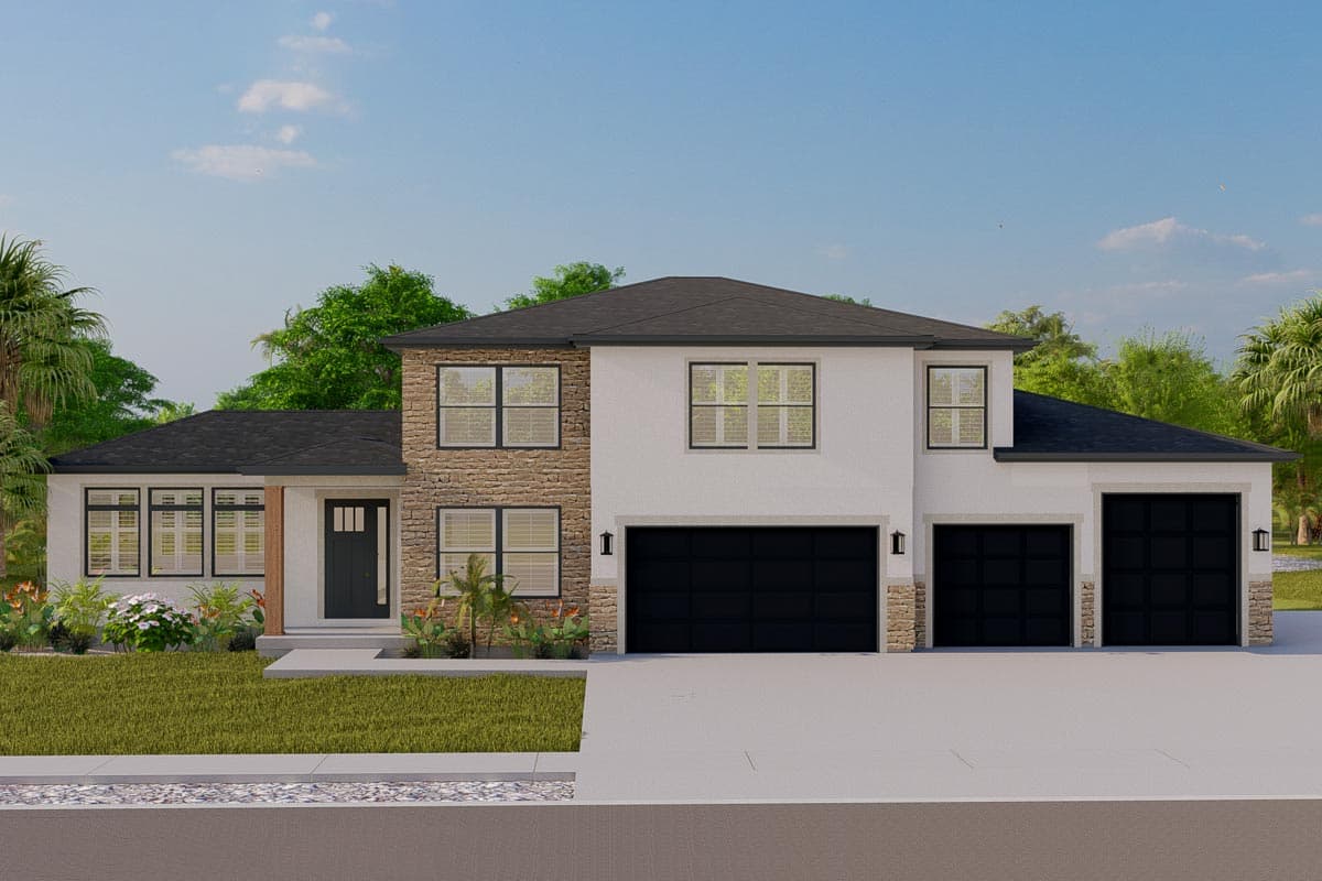 House plan exterior. Two-story Modern house with a combination of stucco and stone facade, flat roof, and two-car garage.