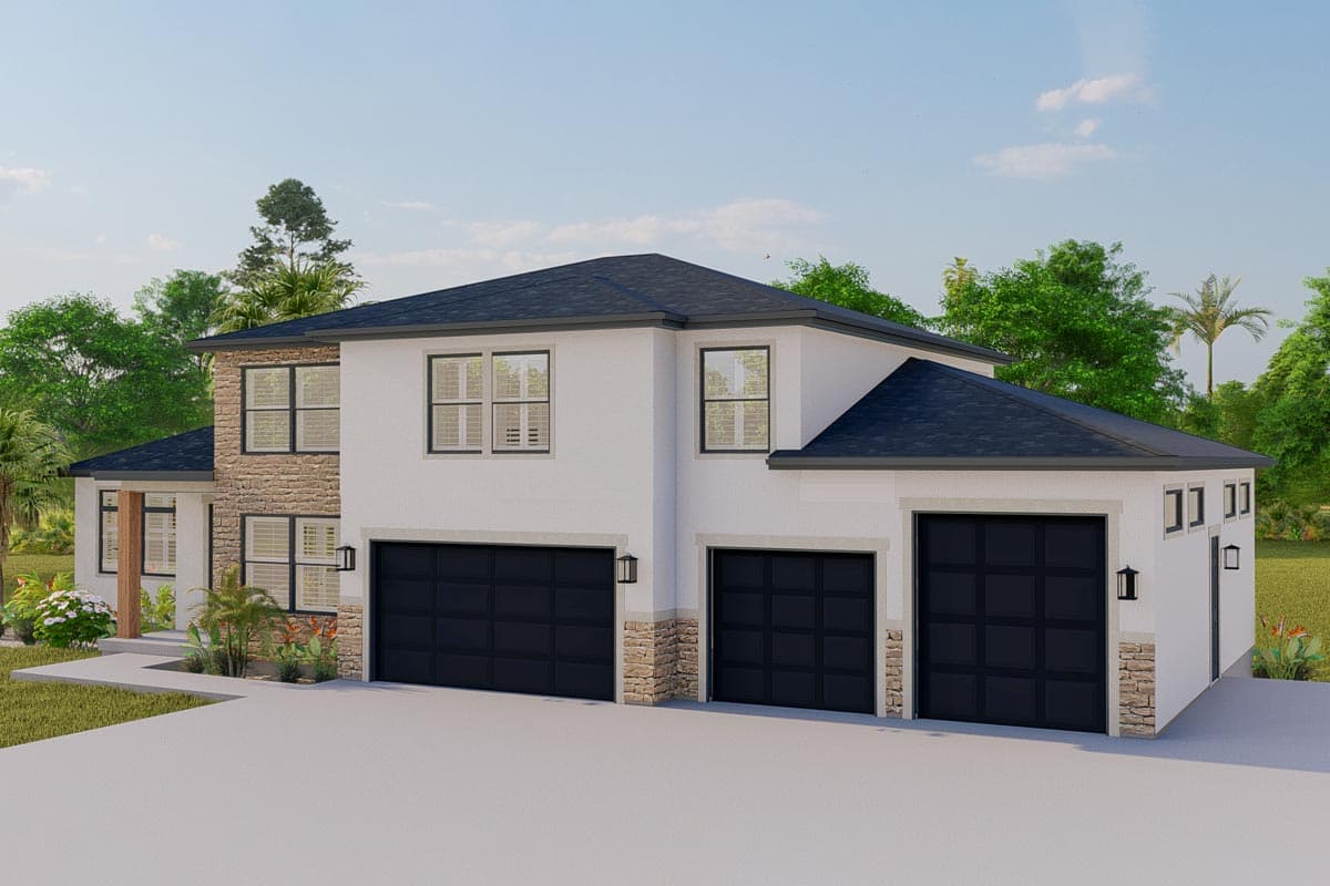 House plan exterior: two-story modern home with three-car garage, stone accents, and dark gabled roof.